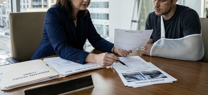 A personal injury lawyer in a modern office consulting with an injured client, reviewing documents and medical reports