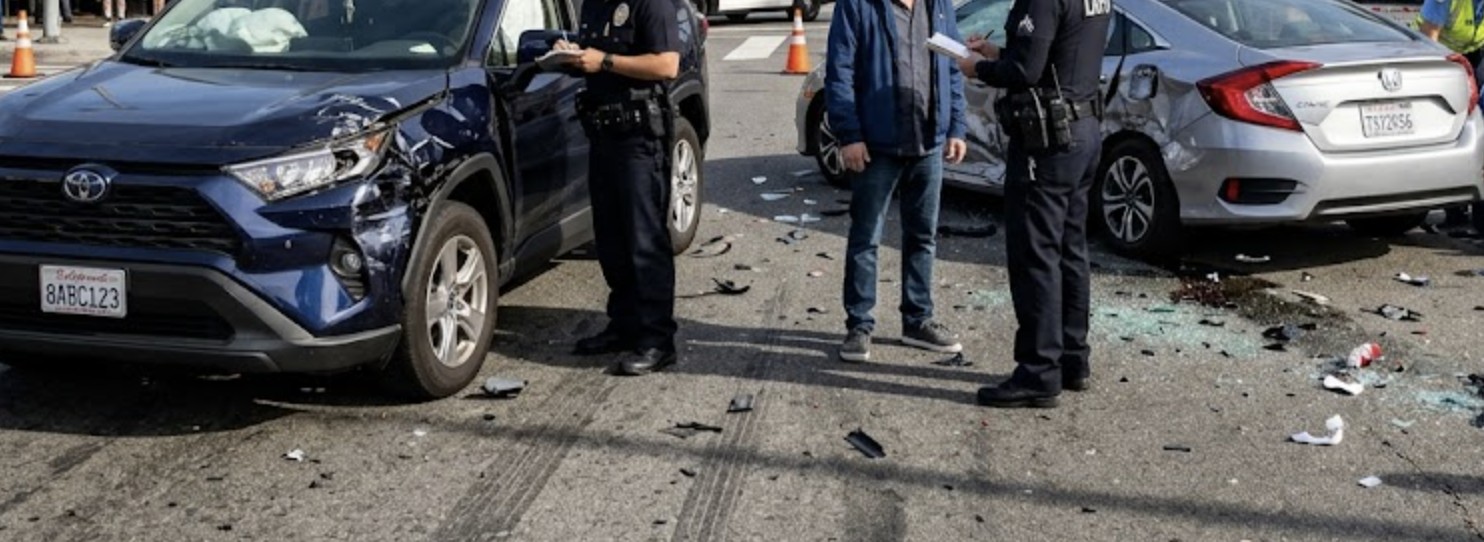 A car accident scene at an urban California intersection, two damaged vehicles and police officers taking notes.