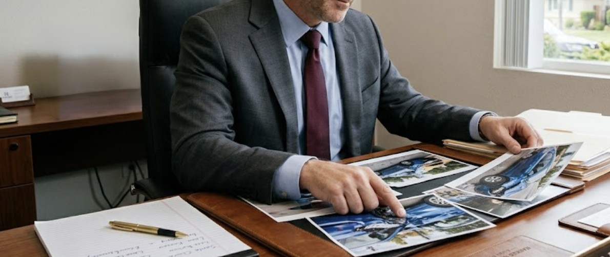 Personal injury lawyer from Harker Injury Law analyzing accident photos on a desk.