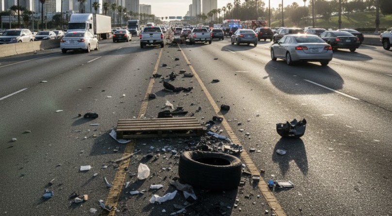 Debris scattered across a multi-lane highway after a traffic accident, with damaged vehicle parts on the road and cars backed up in both directions.