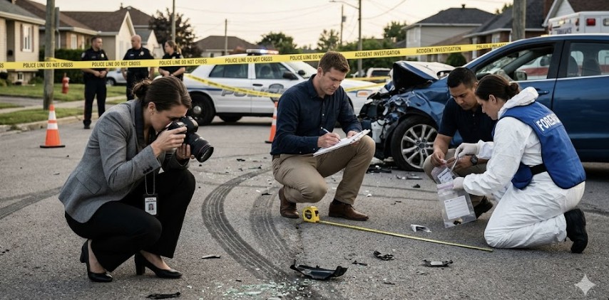A legal team investigating an accident scene, taking photos, collecting evidence