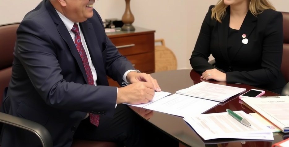 A calm, professional office setting where a personal injury lawyer meets with an injured client.
