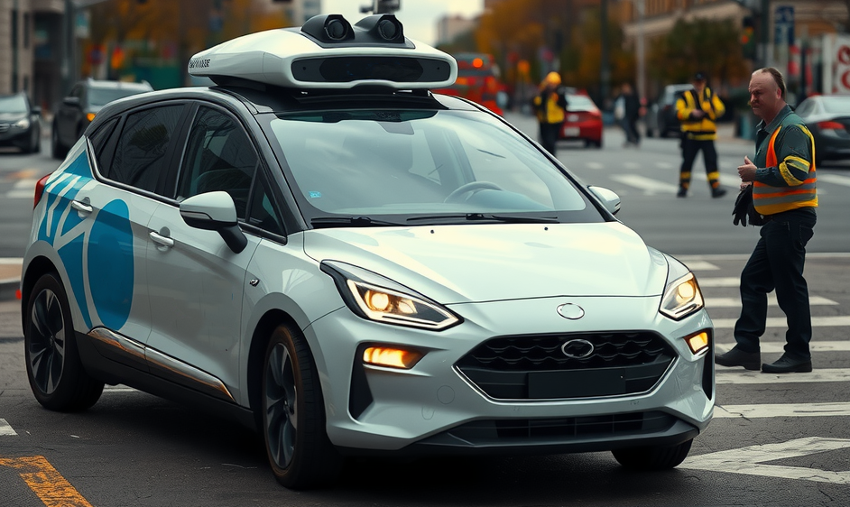 A modern self-driving car stopped at a city intersection following a minor collision.