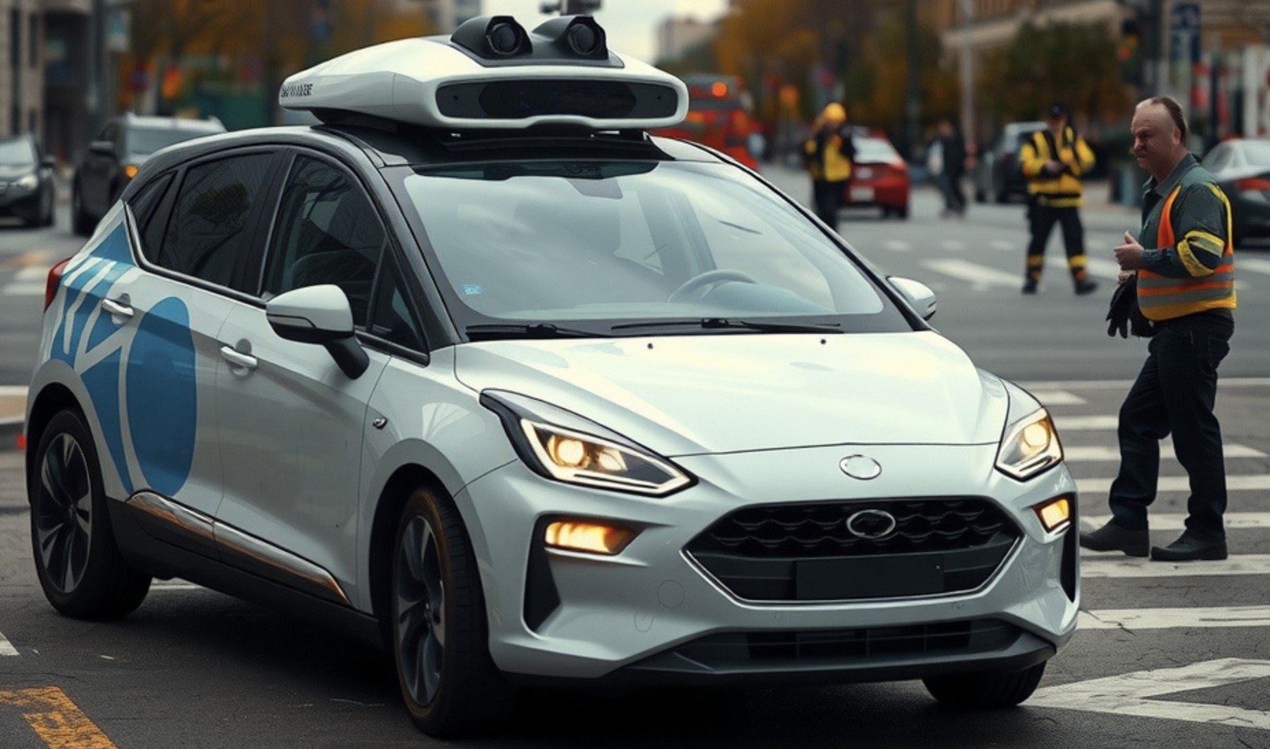 A modern self-driving car stopped at a city intersection following a minor collision.