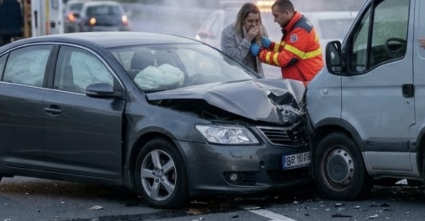 A car accident scene on a California road with damaged vehicles and emergency responders