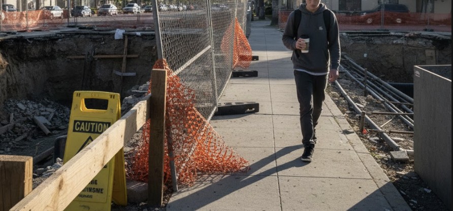 A pedestrian walking near a poorly marked California construction zone
