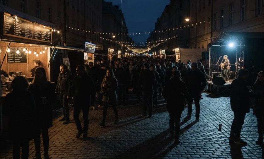 Evening festival scene with inadequate lighting and crowded walkways