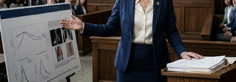 A personal injury attorney presenting a case in a courtroom