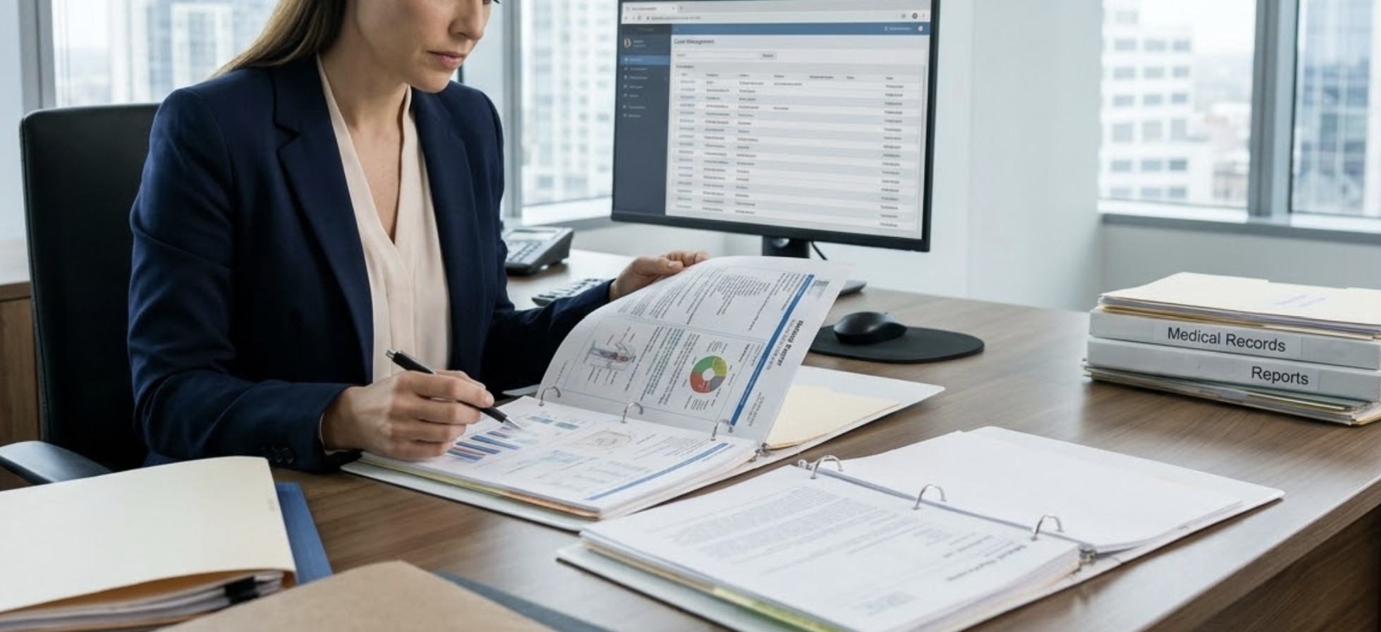 Professional personal injury lawyer in a modern office, reviewing documents and medical reports