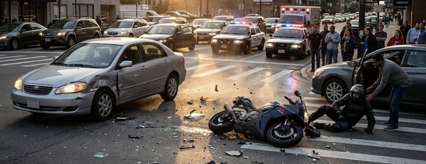 A dramatic scene of a motorcycle accident at an intersection with a car turning left