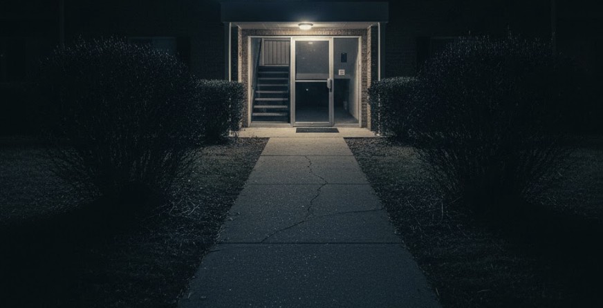 Apartment entrance with half-lit signage and dark surroundings, emphasizing unsafe lighting conditions