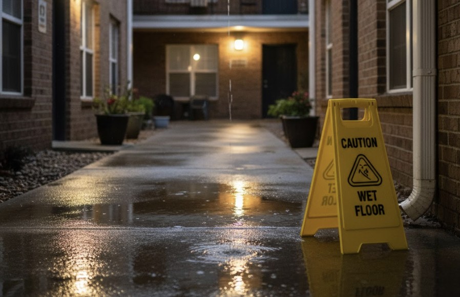 Wet apartment walkway with puddles reflecting light and a yellow caution sign warning of a slippery floor