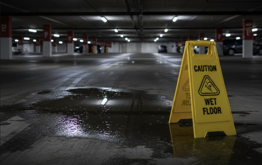 A dimly lit parking garage with a visible wet floor hazard and a caution sign nearby