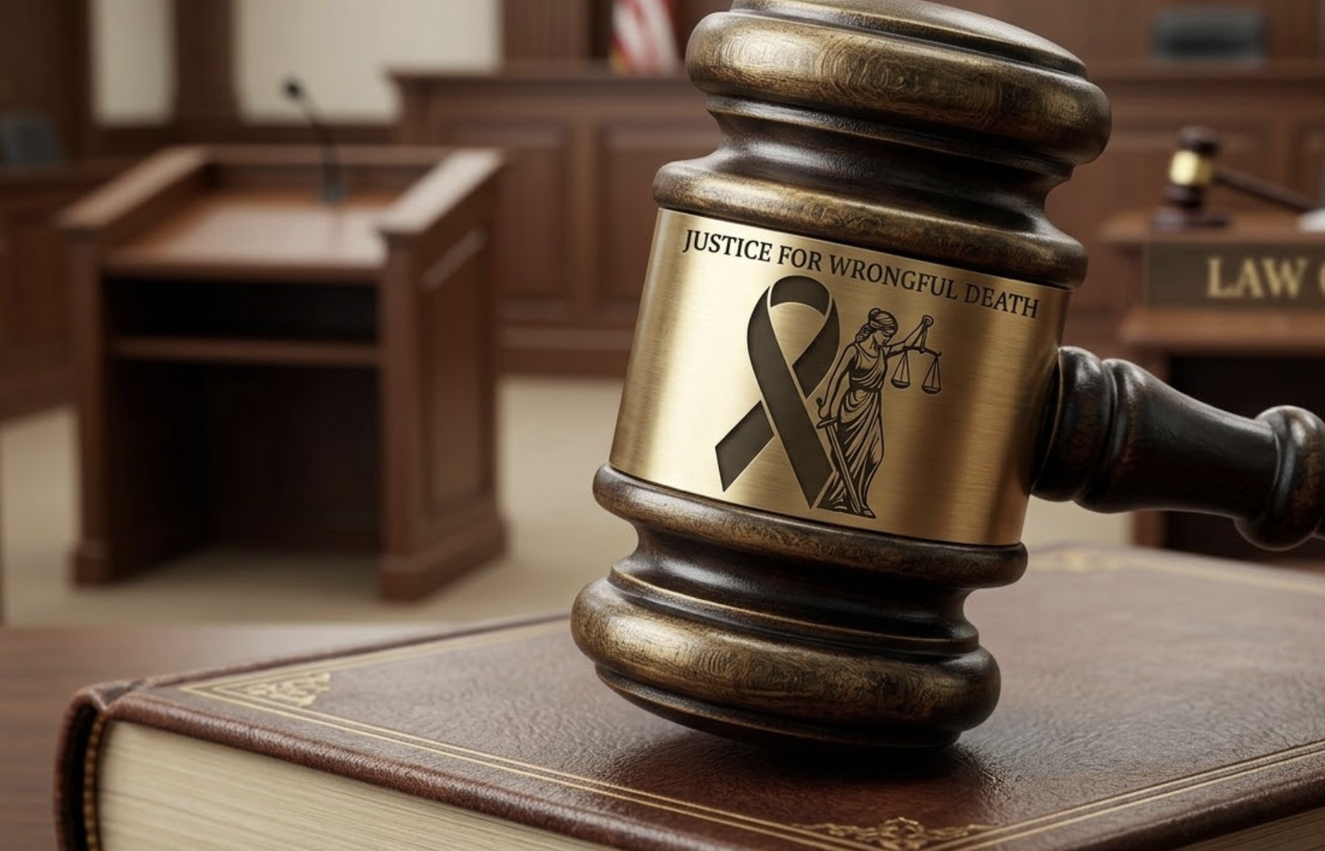 A judge’s gavel rests on a law book in a courtroom, engraved with “Justice for Wrongful Death”