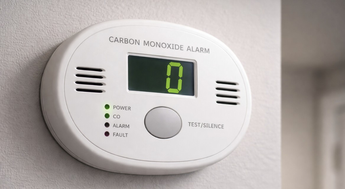 Carbon monoxide alarm mounted on a wall showing a zero reading on the digital display.