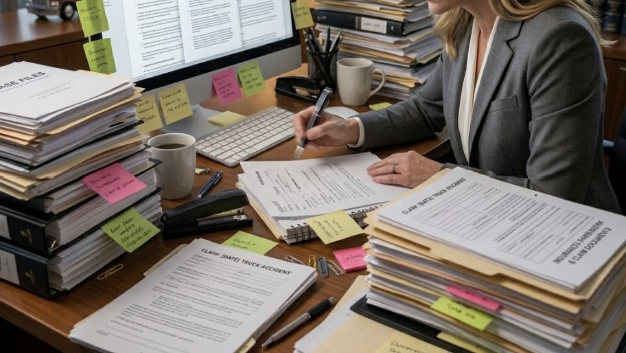 a cluttered legal workspace with stacks of case files, sticky notes and a computer displaying legal documents