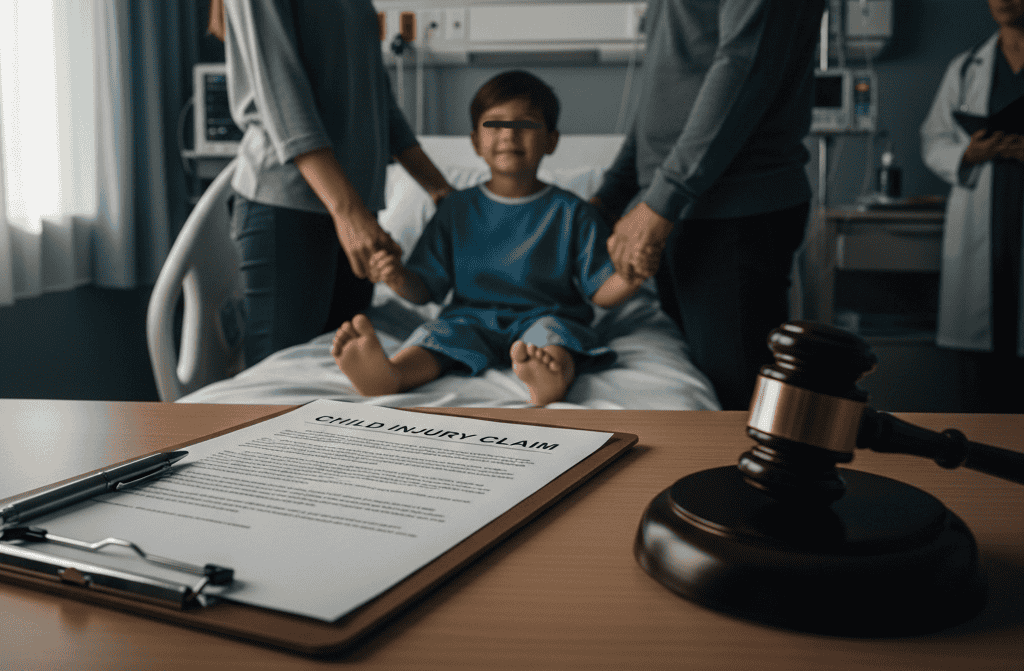 Caring parents holding a child’s hand in a hospital setting, with a legal document on a clipboard in the foreground and a judge’s gavel nearby, symbolizing both compassion and justice for child injury claims in California.