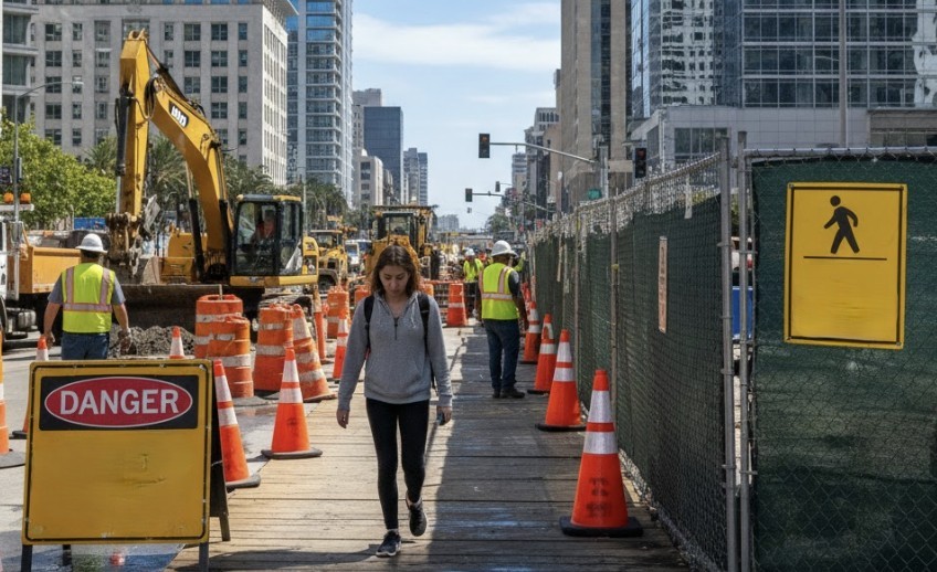 A pedestrian navigating a busy San Diego construction zone with warning signs, cones, and heavy machinery in the background