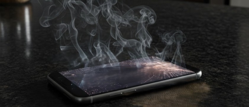a smartphone overheating on a kitchen counter with visible smoke