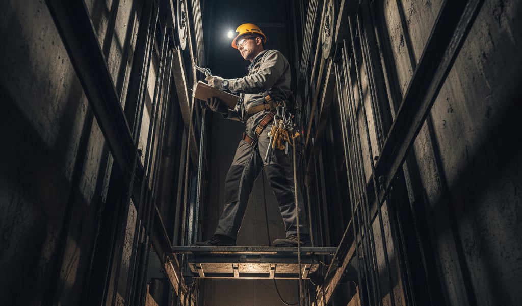 An elevator technician inspecting cables inside an elevator shaft with safety gear.