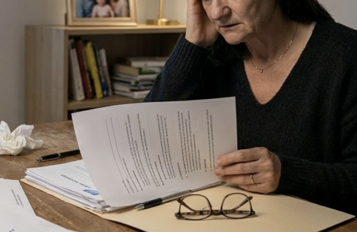 A stressed accident victim reviewing legal documents at home
