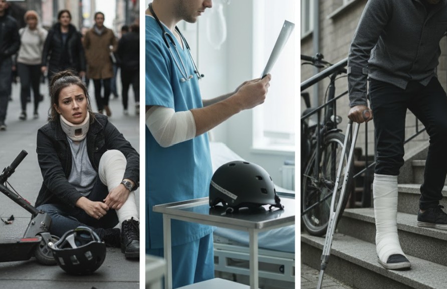 Three-panel image showing an injured e-scooter rider sitting on the street with a leg cast, a medical professional reviewing records, and a person using crutches with a leg cast.