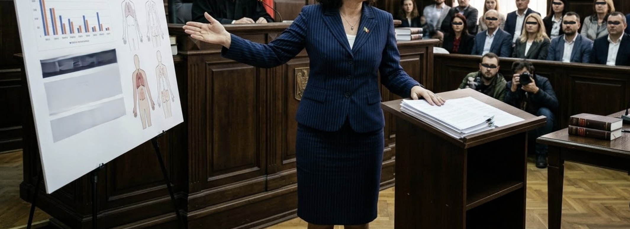 A courtroom scene where a confident personal injury attorney presents a case before a judge and jury
