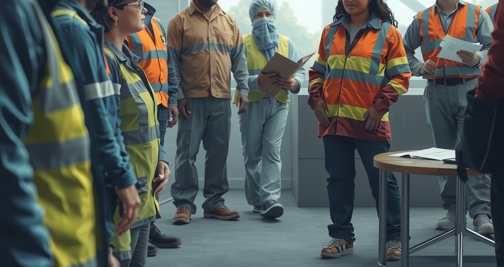 A diverse group of workers in protective gear
