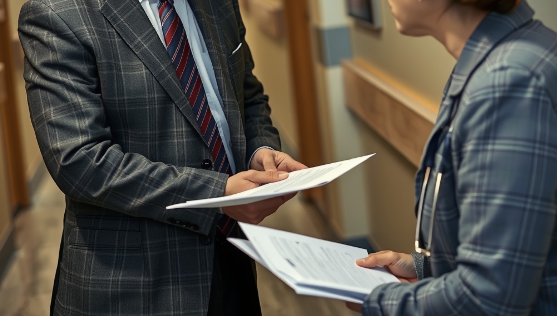 An insurance adjuster in business attire speaking with an injured patient in a hospital
