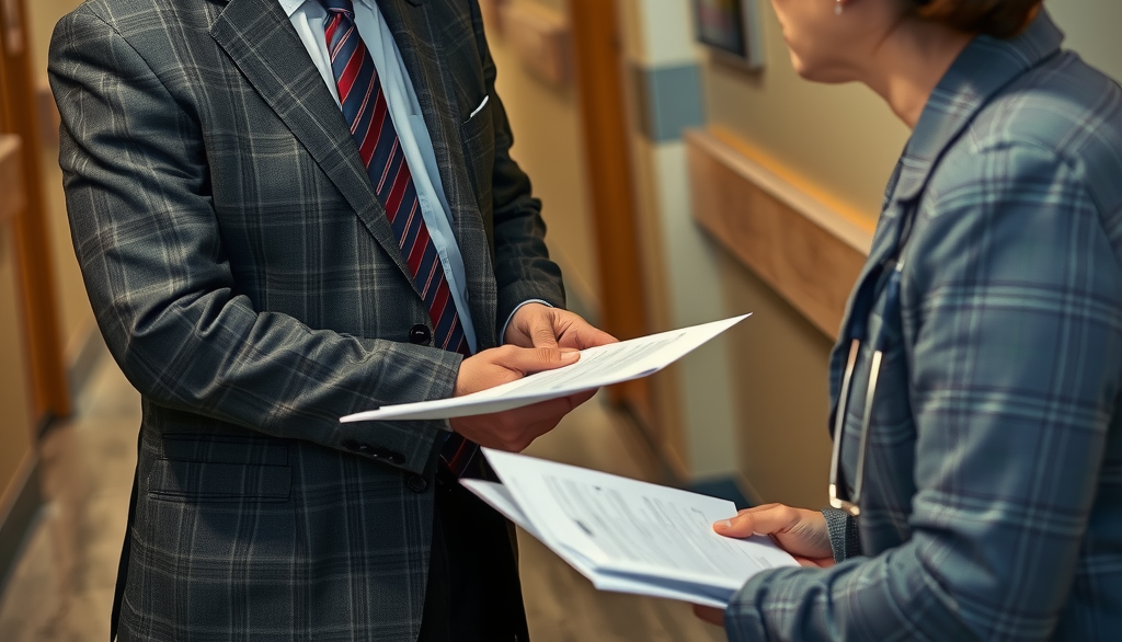 An insurance adjuster in business attire speaking with an injured patient in a hospital