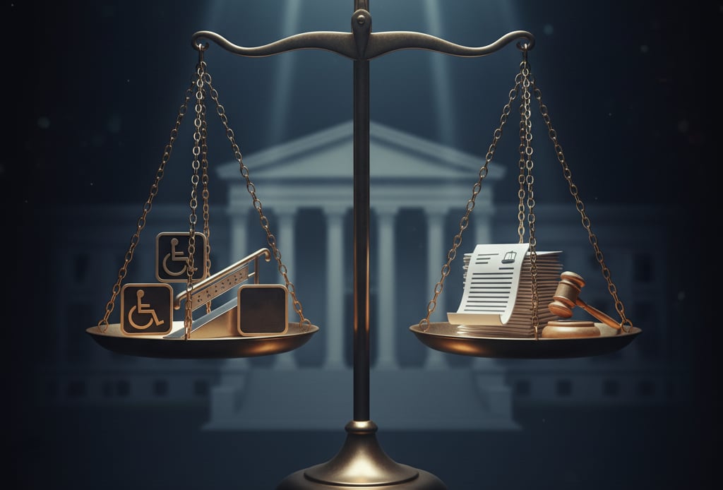 A symbolic illustration of scales of justice balanced with ADA elements (wheelchair, braille, handrail)