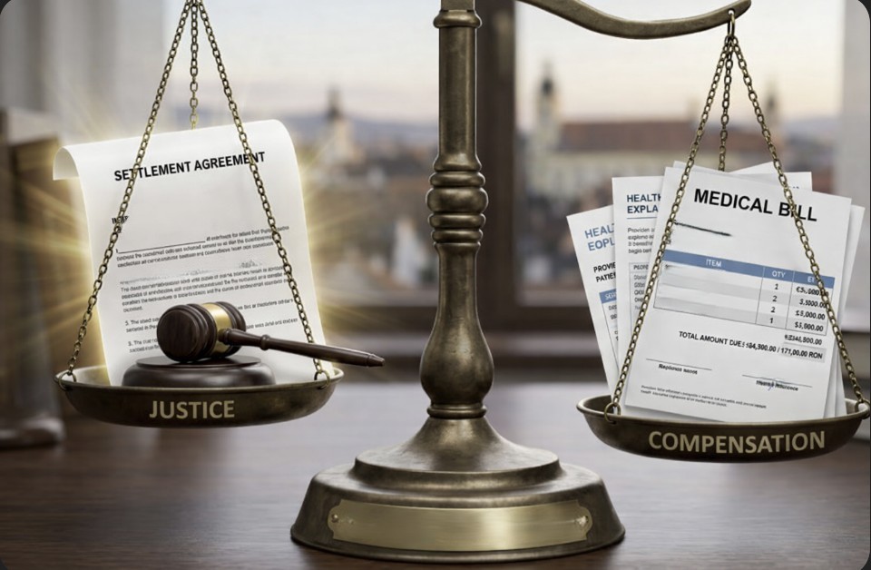 A balanced scale symbolizes justice versus compensation.