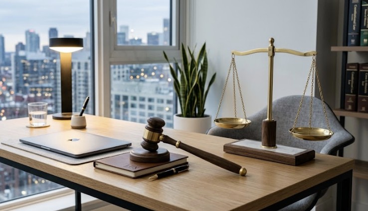 A modern minimalist desk with a sleek gavel and elegant scales of justice