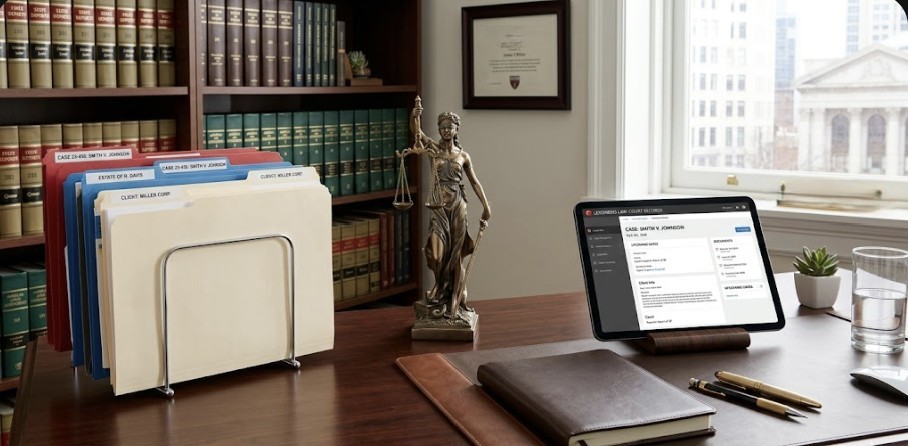 A professional law office desk neatly arranged with organized case files, a scale of justice statue, a leather notebook, and a tablet showing legal records