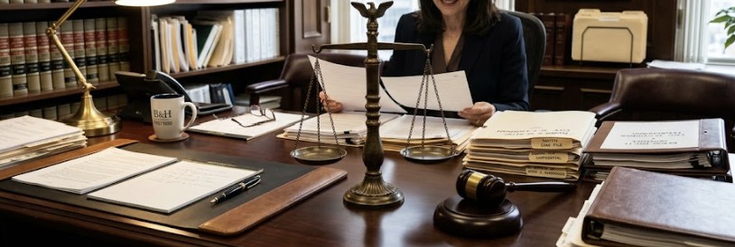 A professional law office scene featuring a gavel and a scale of justice centered on a desk surrounded by legal documents and case files