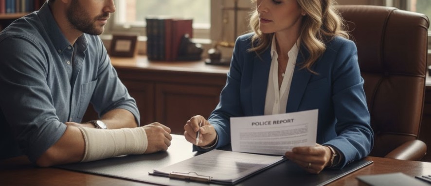A compassionate personal injury lawyer from Harker Injury Law sitting with an injured client in an office, reviewing a police report and medical documents