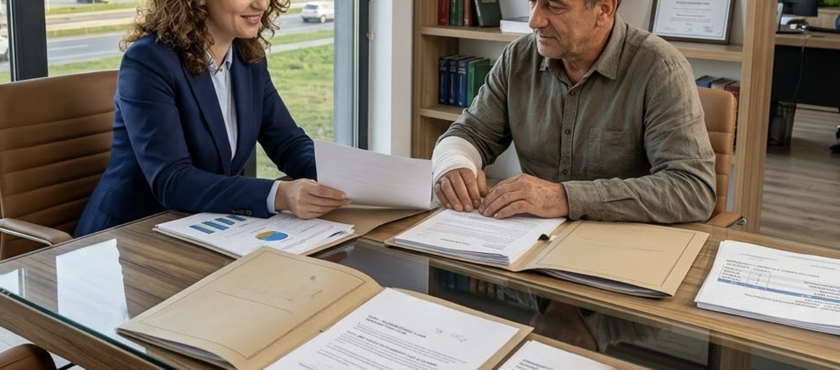 A confident personal injury lawyer in a modern office setting reviewing case files with a client