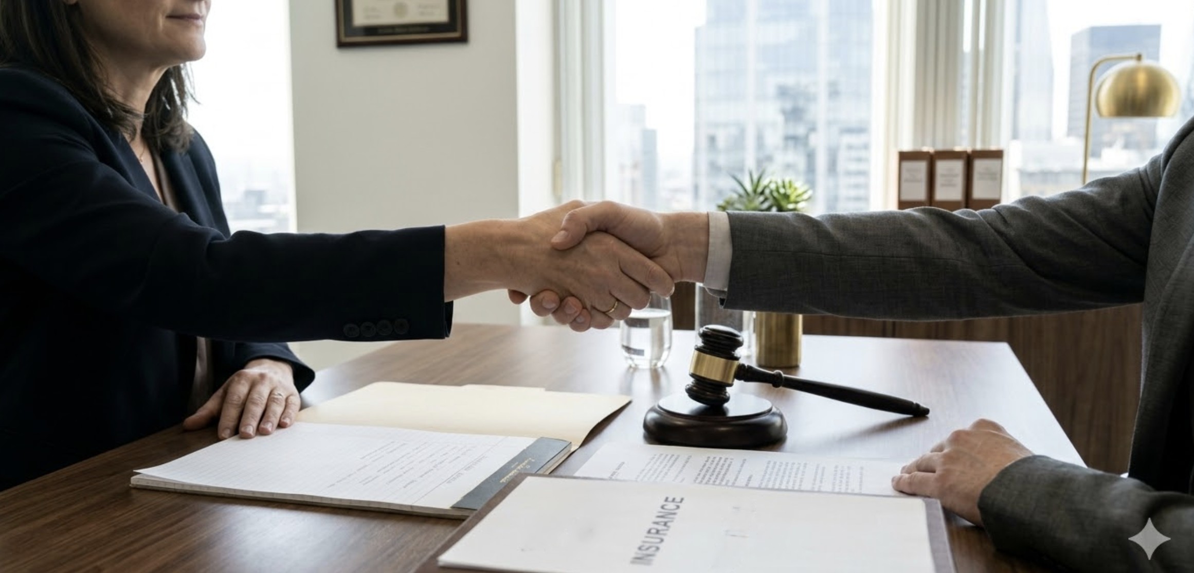 A close-up of a lawyer and client handshake during a consultation meeting, legal documents and a gavel on the desk, symbolizing trust and agreement