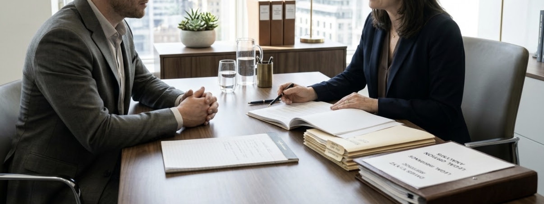 A professional personal injury lawyer sitting across from a client in a modern office, calmly explaining legal options, documents on the desk