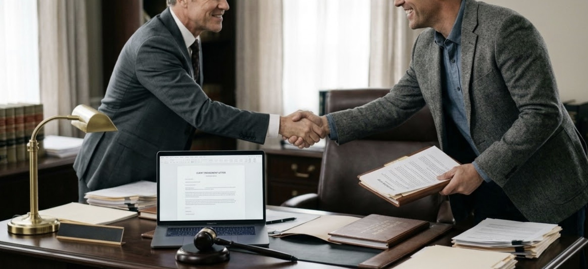 A professional lawyer and a client shaking hands in a modern law office