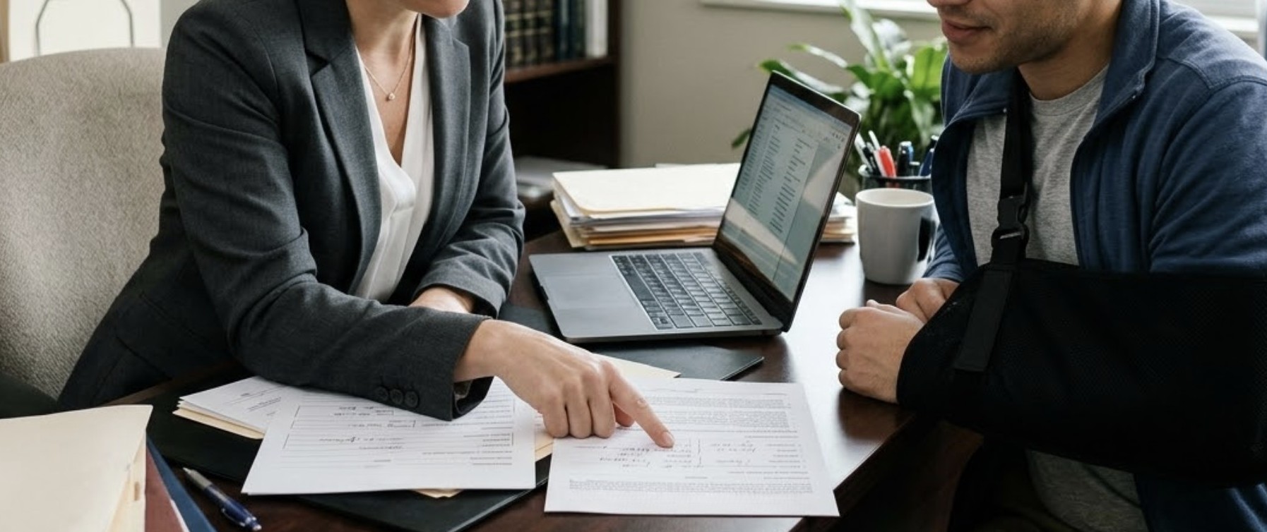 A lawyer in a suit offering consultation to an injured client with an arm sling, pointing at paperwork on a desk, empathetic expression