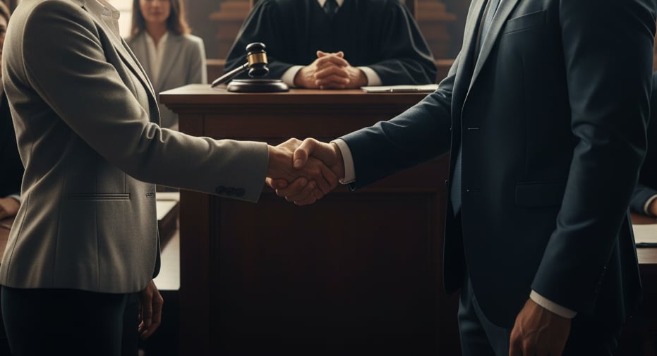 A client shaking hands with their lawyer inside a courtroom, with a judge in the background symbolizing justice served.