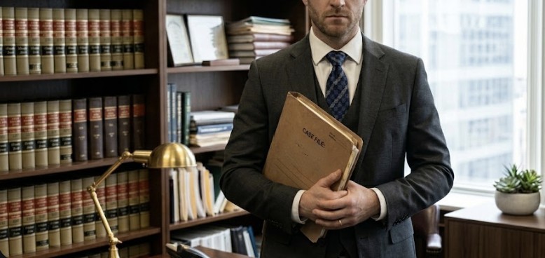 A professional lawyer holding a brown case file folder against his chest, looking focused, office background with shelves of legal books