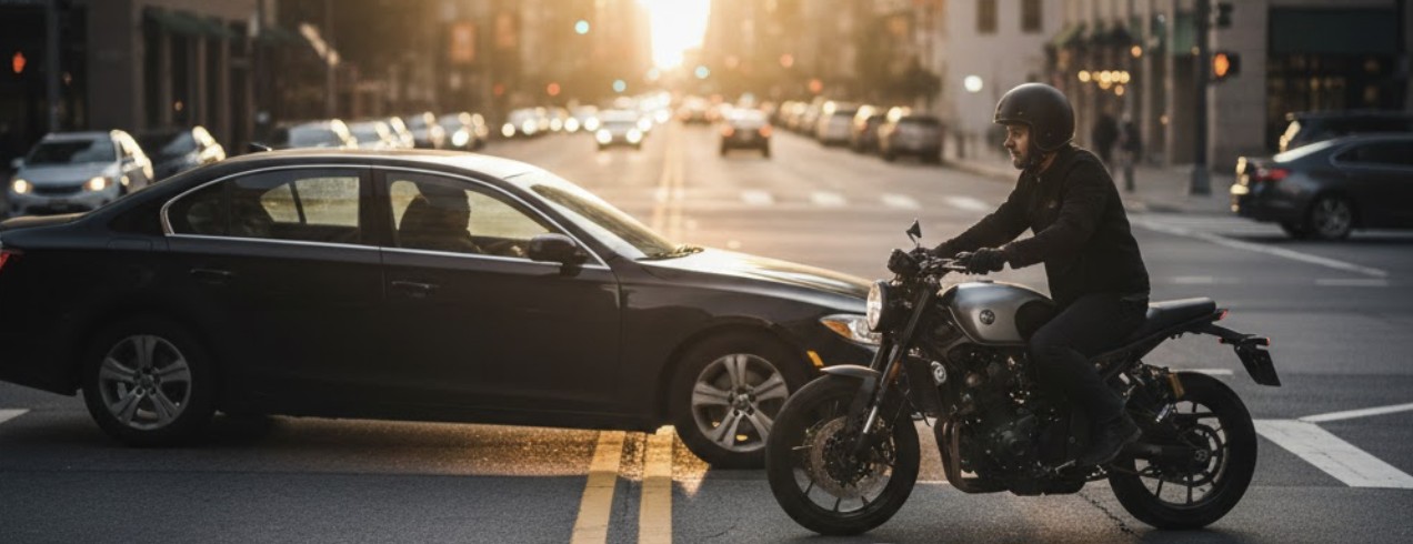 a city intersection where a car is turning left across an oncoming motorcycle lane