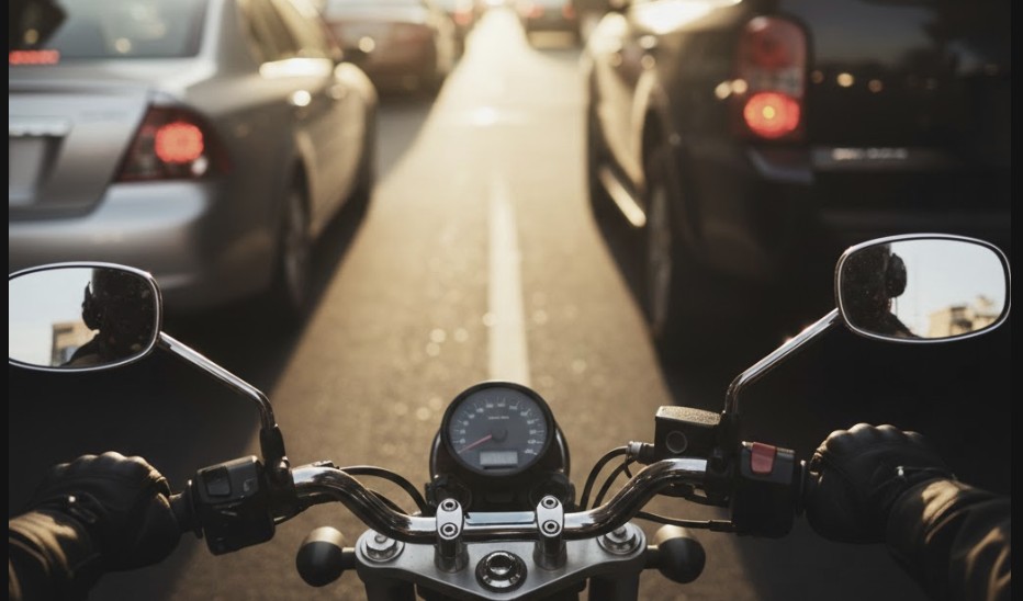 Close-up of motorcycle rider’s view between two lanes, cars slightly blurred, emphasizing caution and visibility