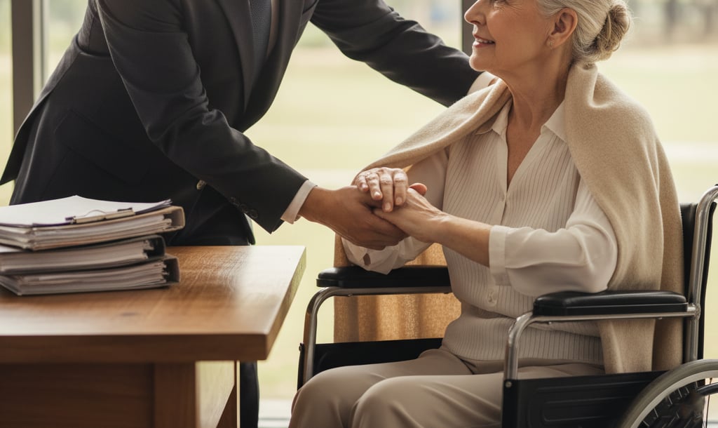 An attorney gently helping an elderly client in a wheelchair, symbolizing trust and care.