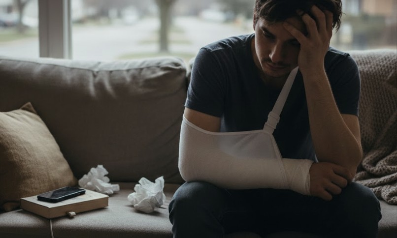 Accident victim at home during recovery, wearing an arm cast and appearing distressed.
