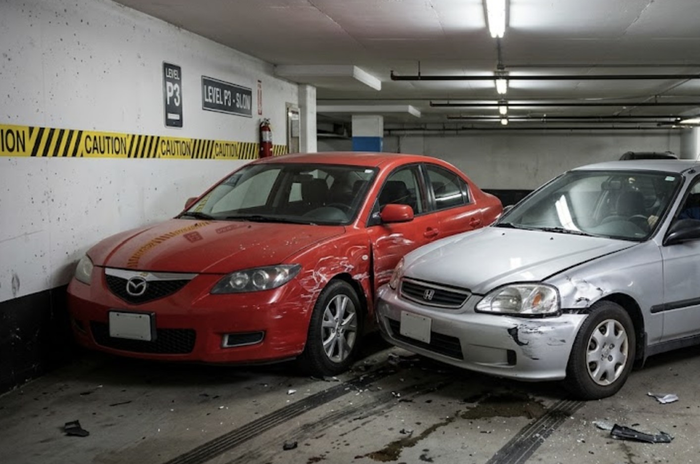 Two cars collided in a tight parking garage corner, with visible damage, skid marks