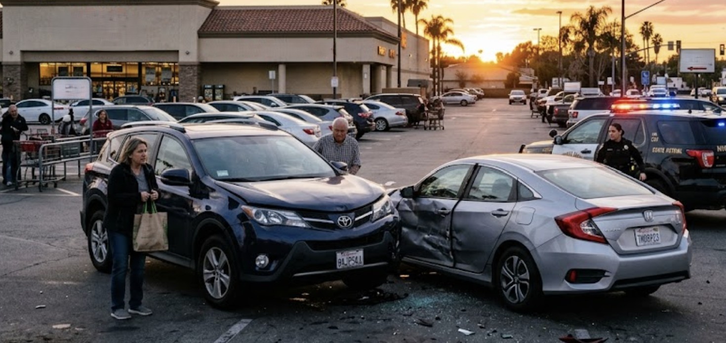 A grocery store parking lot accident scene at sunset, with two damaged vehicles, a concerned pedestrian, police arriving