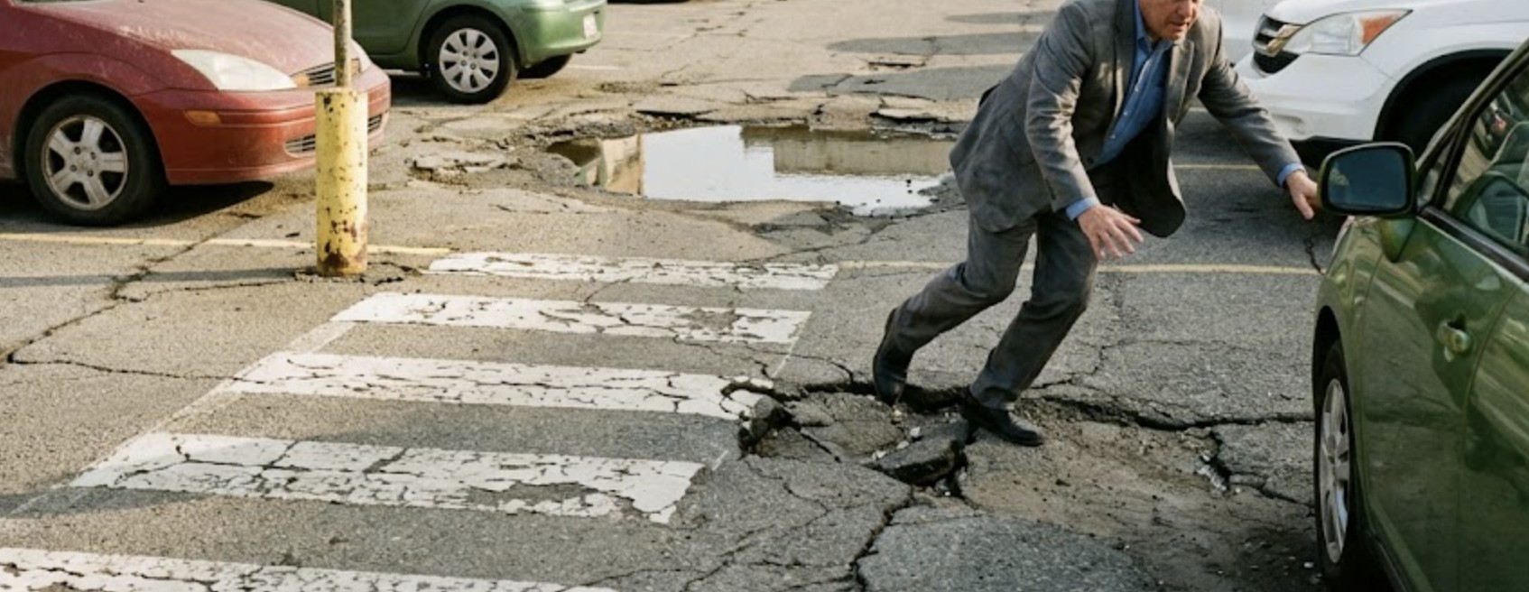 A cracked and uneven parking lot surface during daytime, with a pedestrian tripping near a faded crosswalk and parked vehicles surrounding the area.